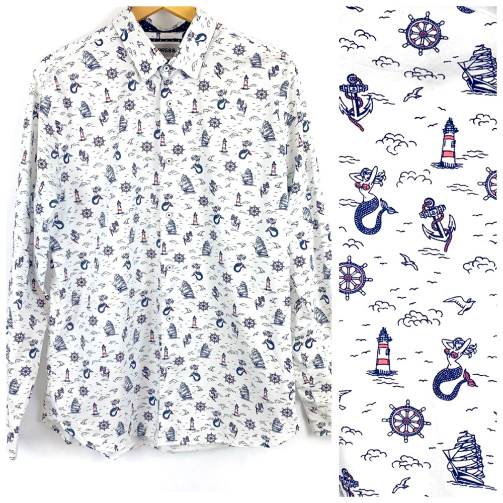 Express Nautical Print Long Sleeve Button Down Shirt